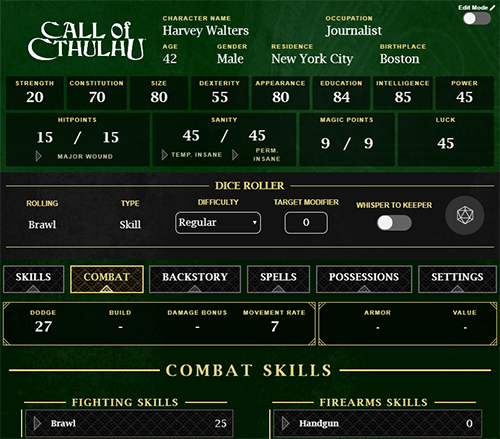 Call of Cthulhu Character Sheet on Roll20